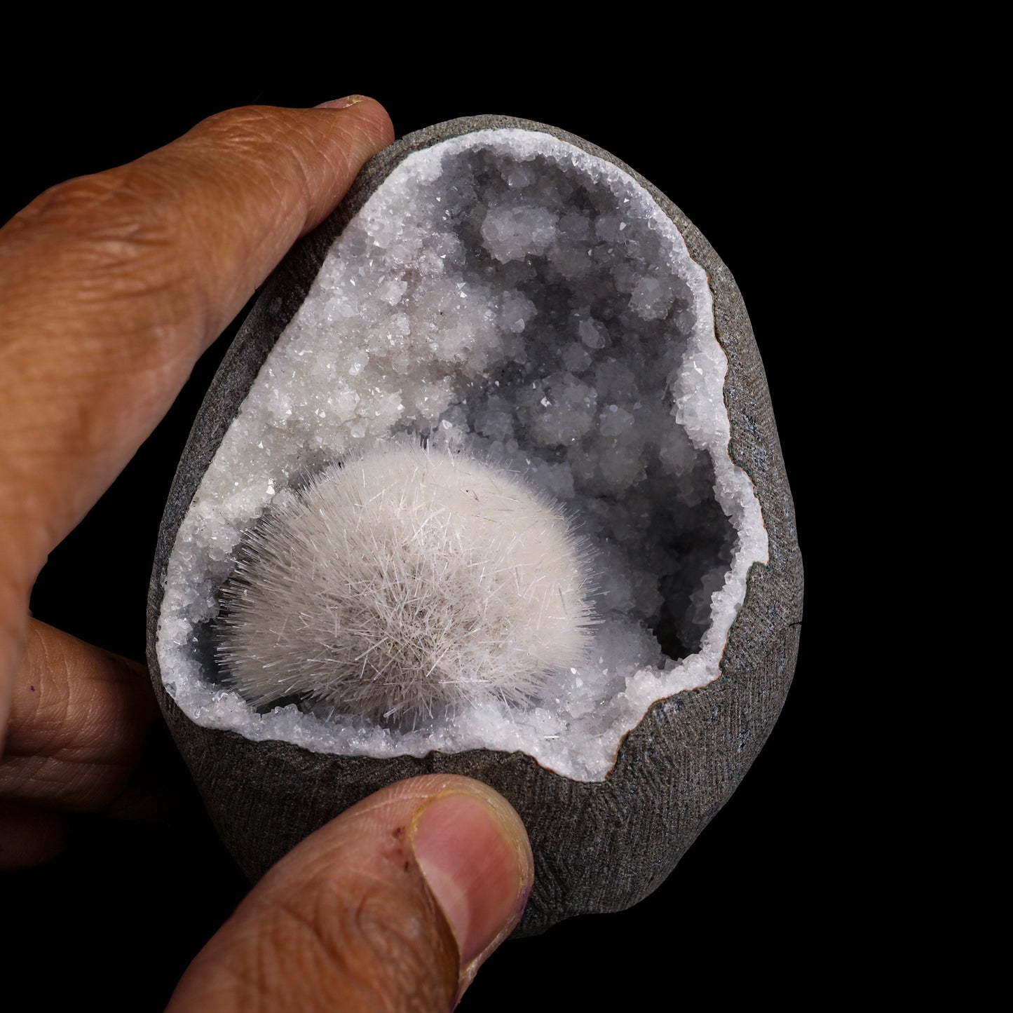 Mesolite with Chalcedony & MM Quartz geode Mineral Specimen # G 0003