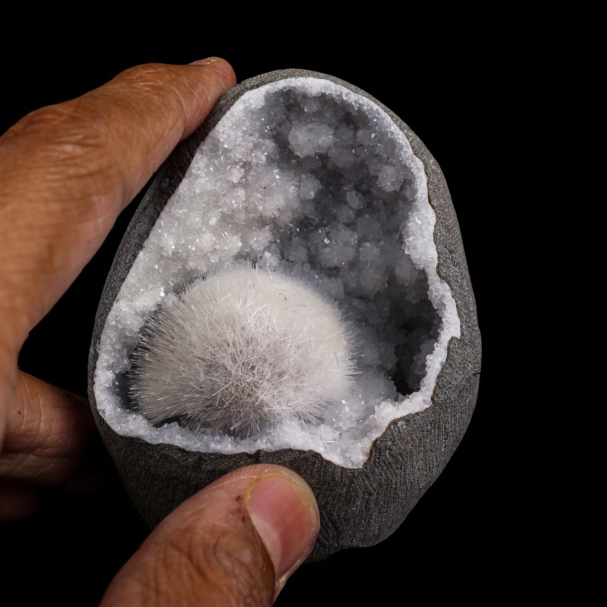 Mesolite with Chalcedony & MM Quartz geode Mineral Specimen  # G 0003