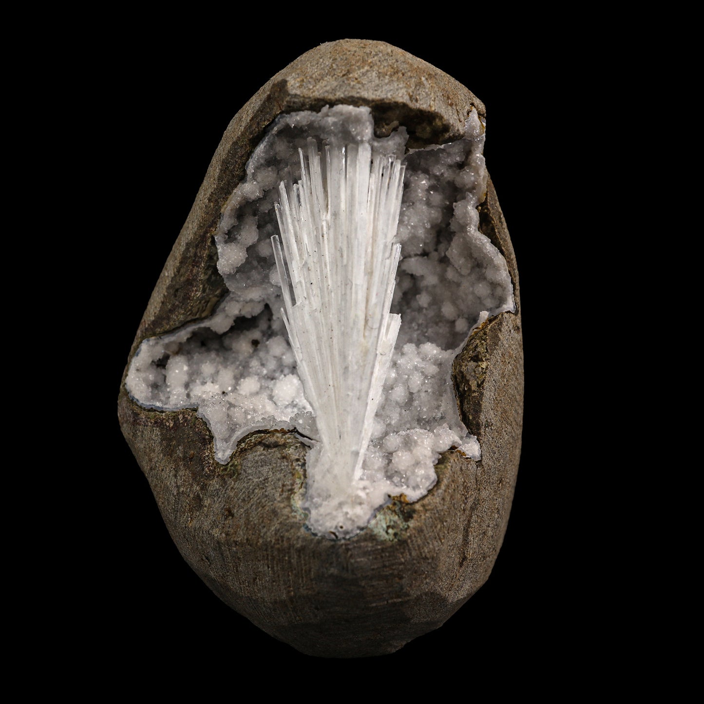 Scolecite Spray With Sparkling Chalcedony Geode Natural Mineral Specimen # G 0011