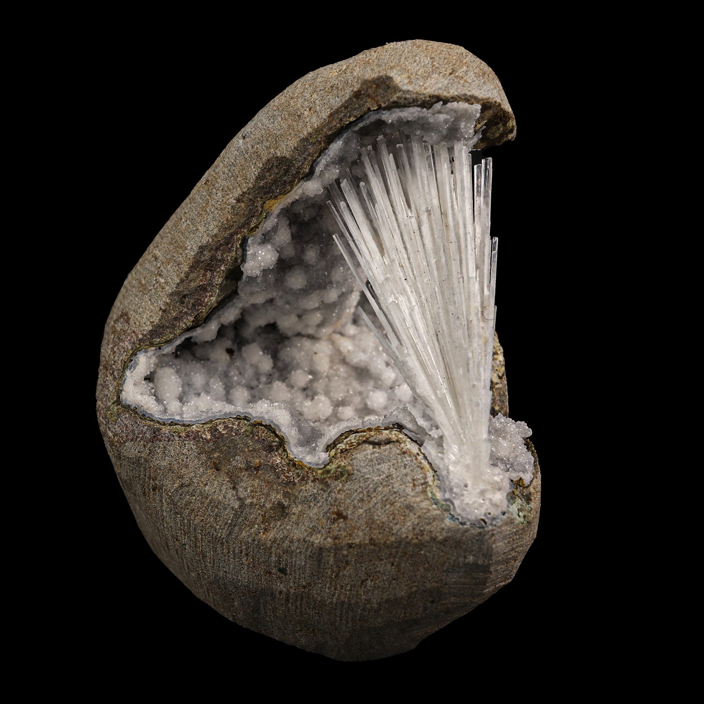 Scolecite Spray With Sparkling Chalcedony Geode Natural Mineral Specimen # G 0011