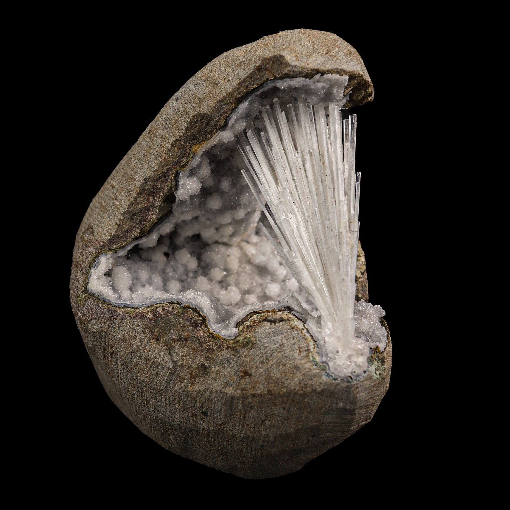 Scolecite Spray With Sparkling Chalcedony Geode Natural Mineral Specimen  # G 0011