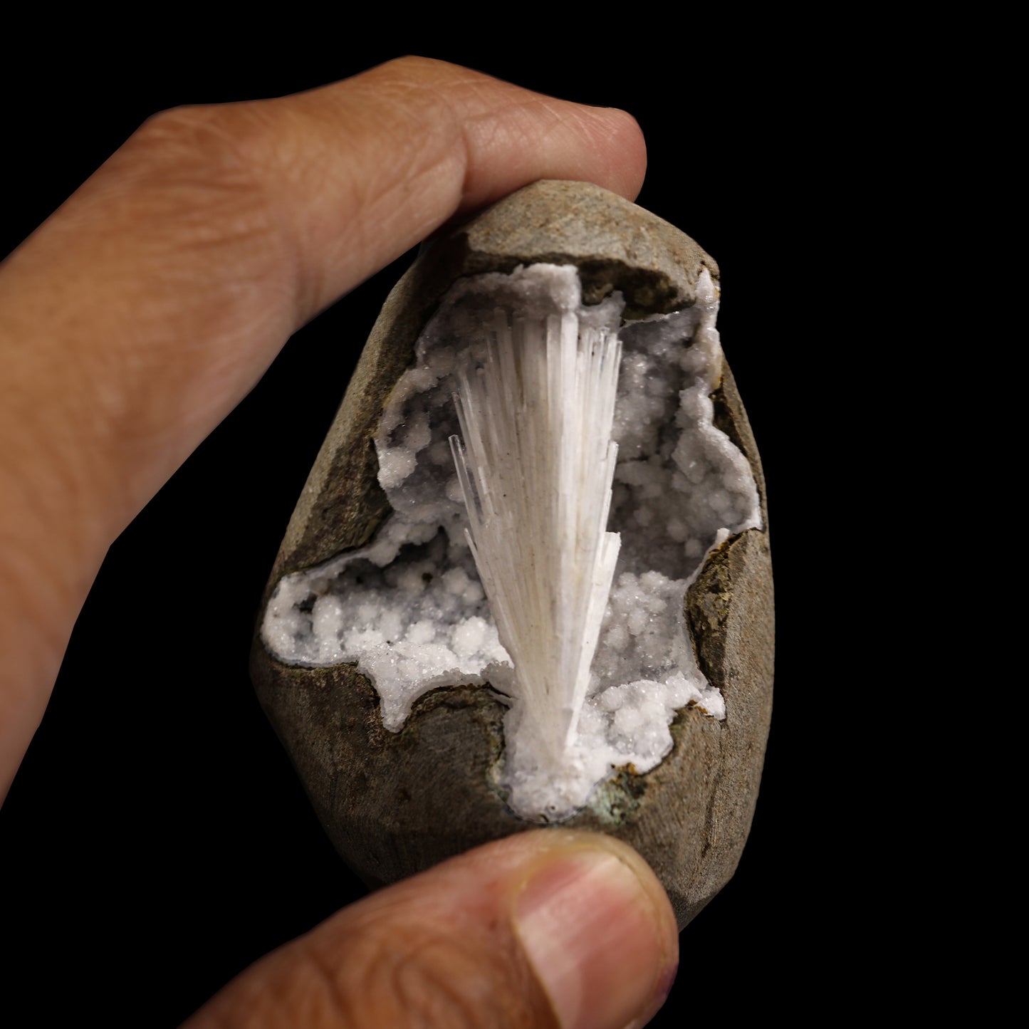Scolecite Spray With Sparkling Chalcedony Geode Natural Mineral Specimen # G 0011