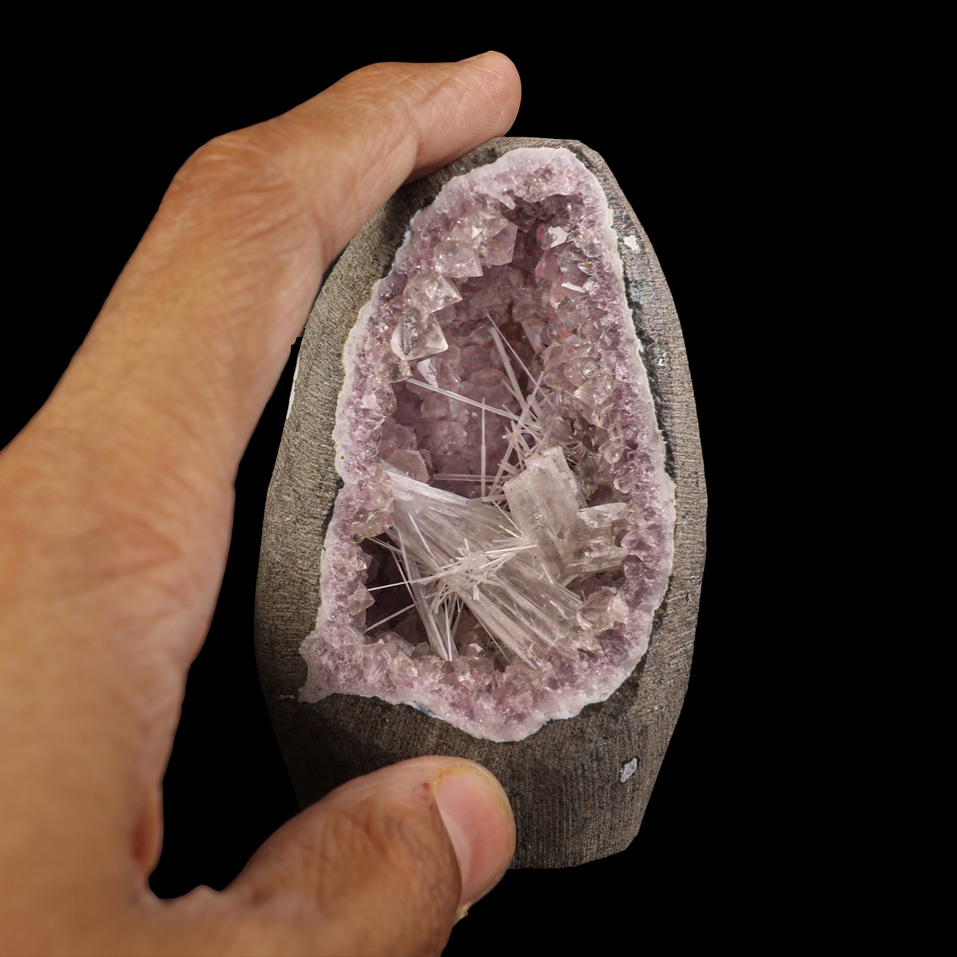 Scolecite & Heulandite in Amethyst Geode Natural Mineral Specimen  # G 0030