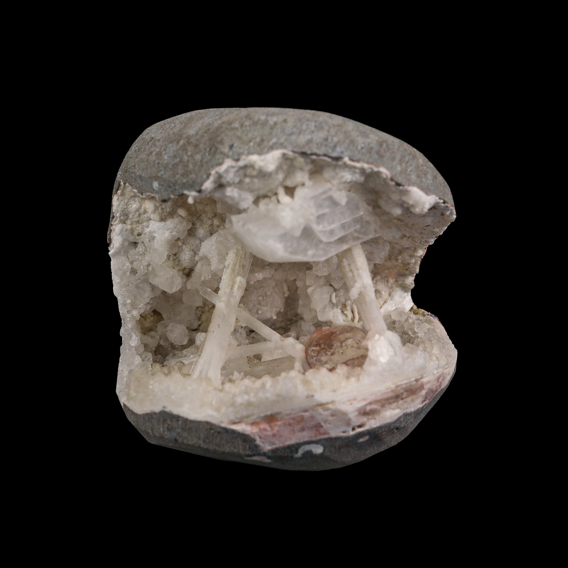 Scolecite Spray with Calcite Geode Natural Mineral Specimen  # G 0045