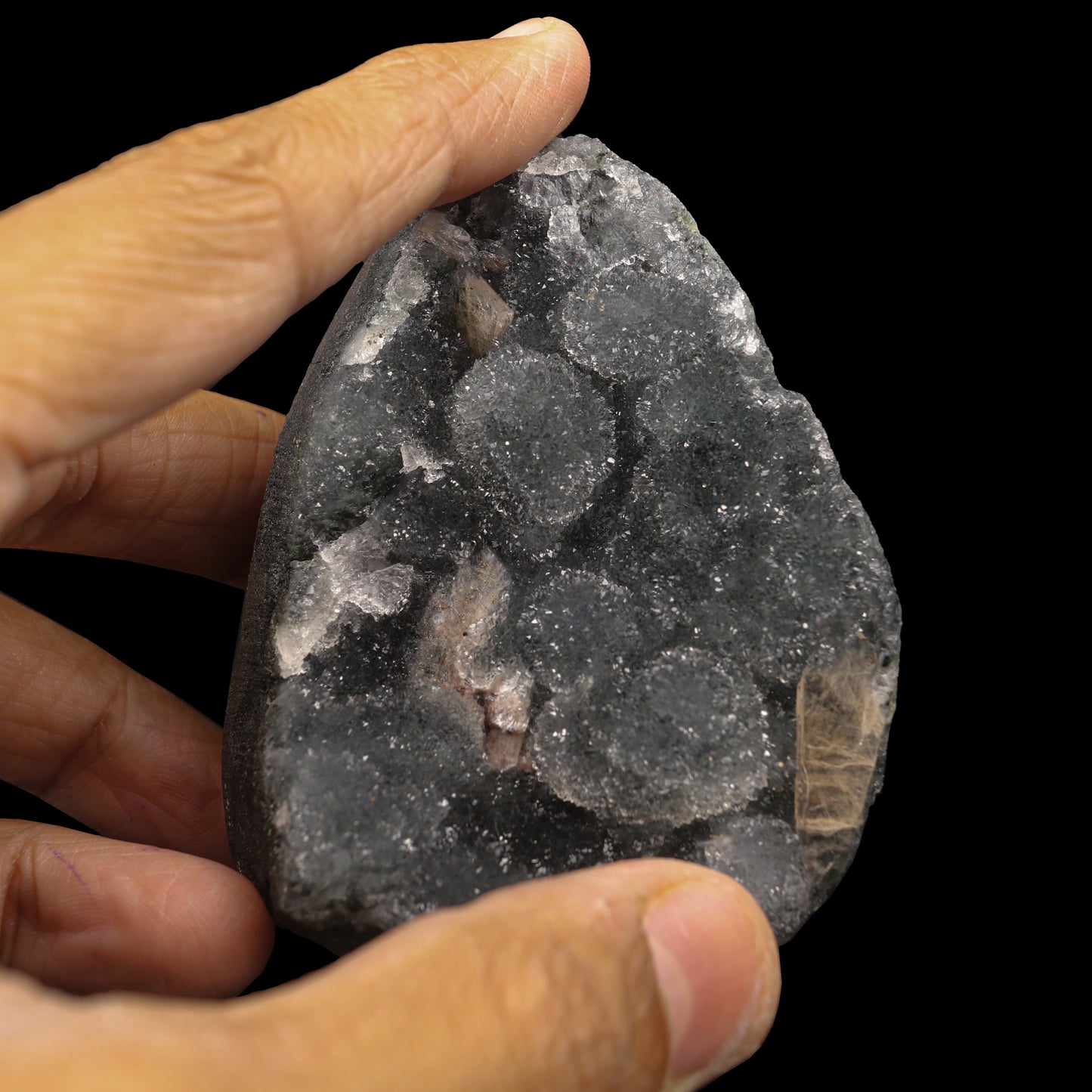 Sparkling Black Chalcedony with Stilbite Natural Mineral Specimen # G 0059