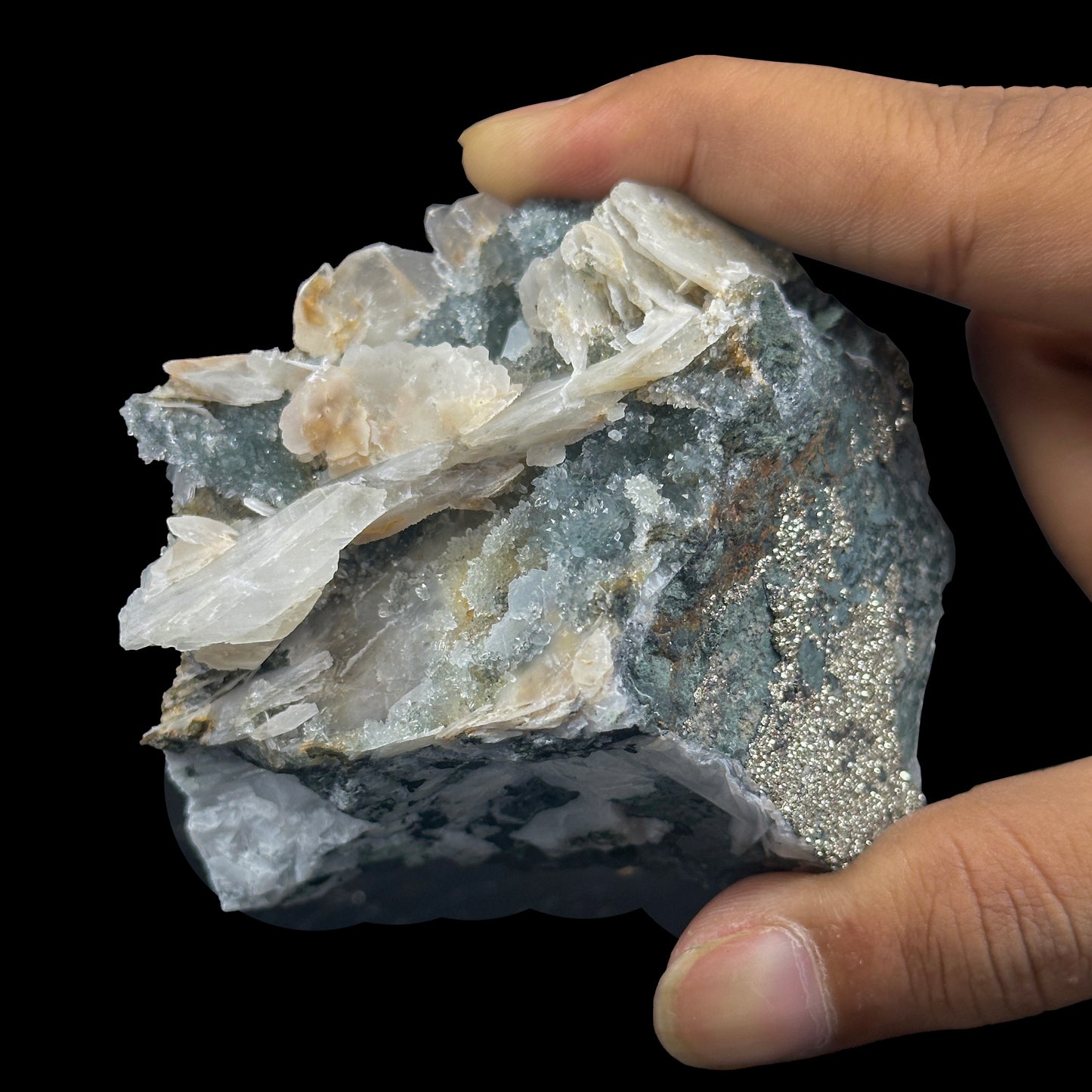 Rare Calcite with Pyrite And mm Quartz (UV Reactive) Natural Mineral Specimen. G #0399