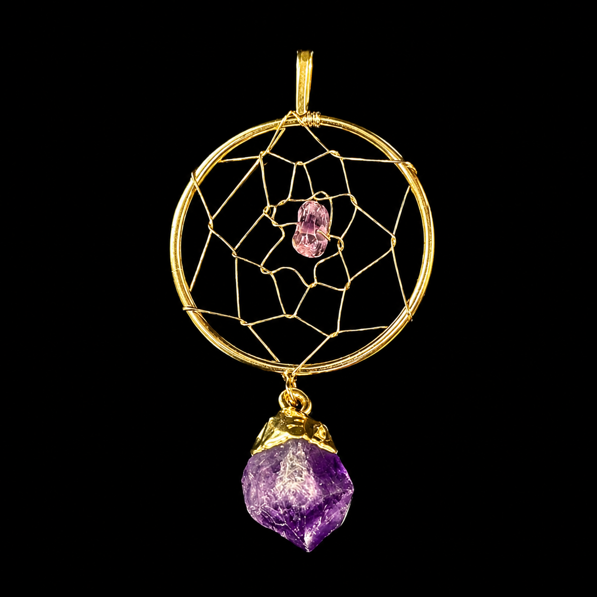 Natural Amethyst Dreamcatcher Pendent Gold-Tone Pendent
