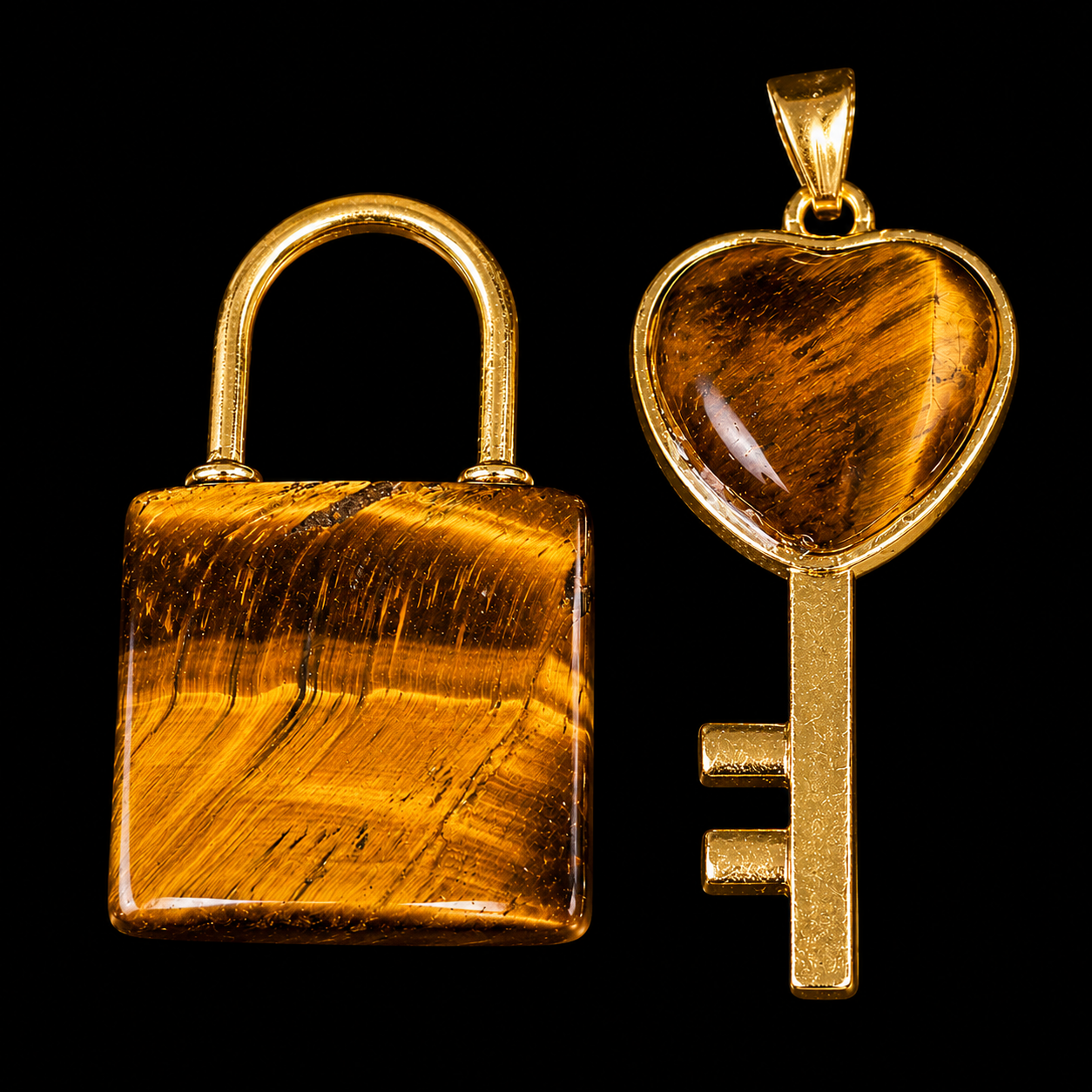 Natural Tiger Eye Lock & Key Pendent Set 