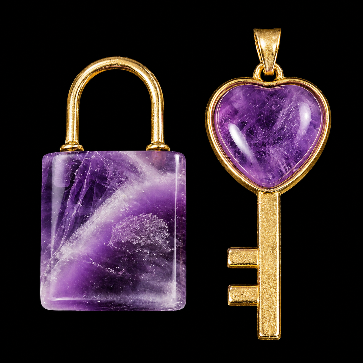 Natural Amethyst Lock & Key Pendent Set 