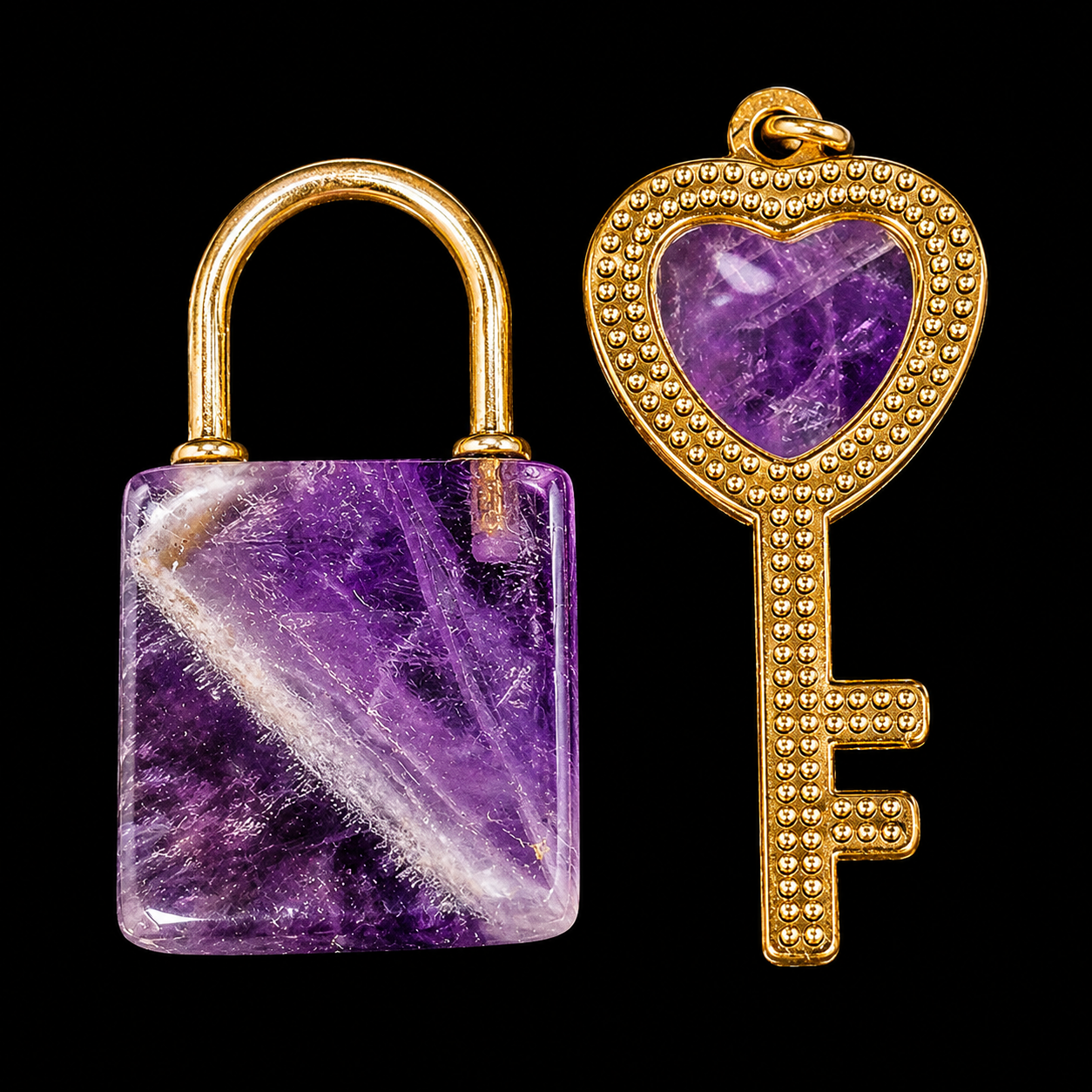 Natural Amethyst Lock & Key Pendent Set 