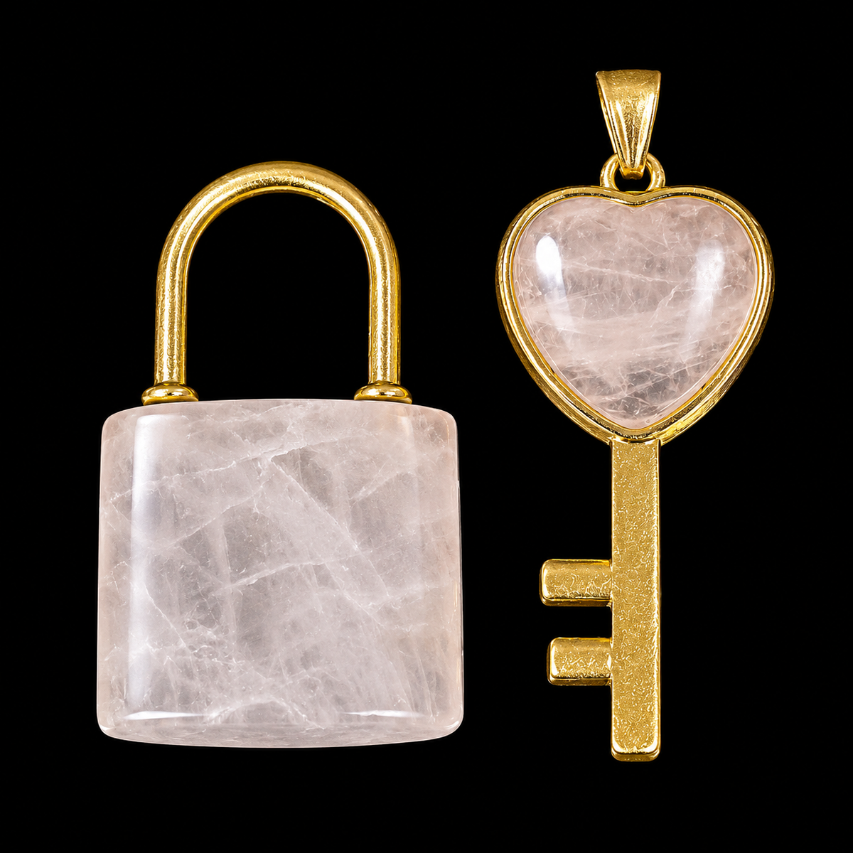 Natural Rose Quartz Lock & Key Pendent Set