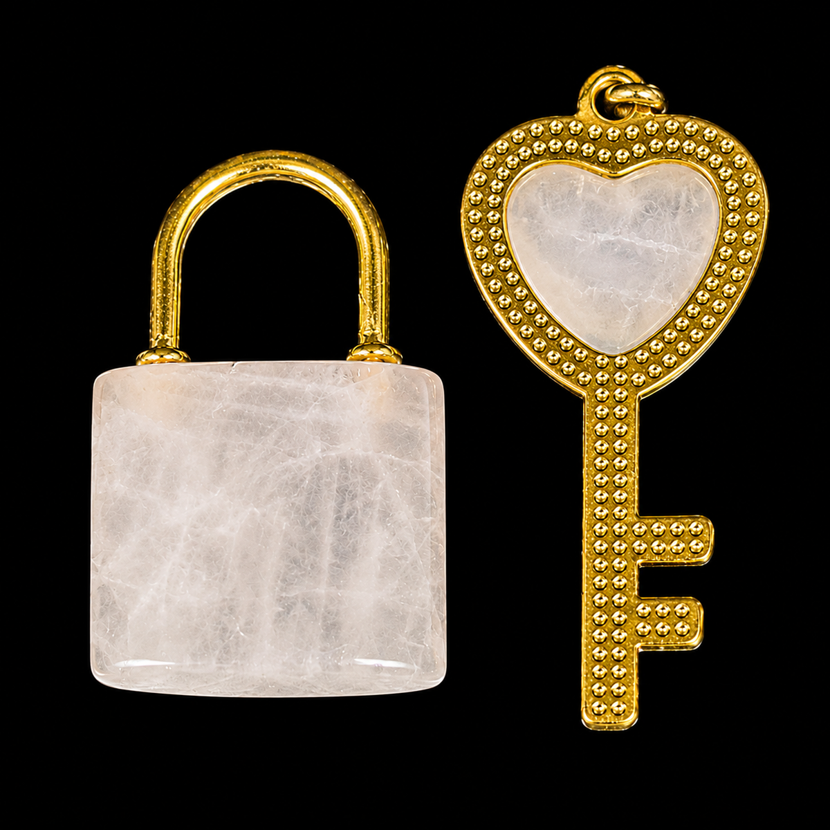 Natural Rose Quartz Lock & Key Pendent Set