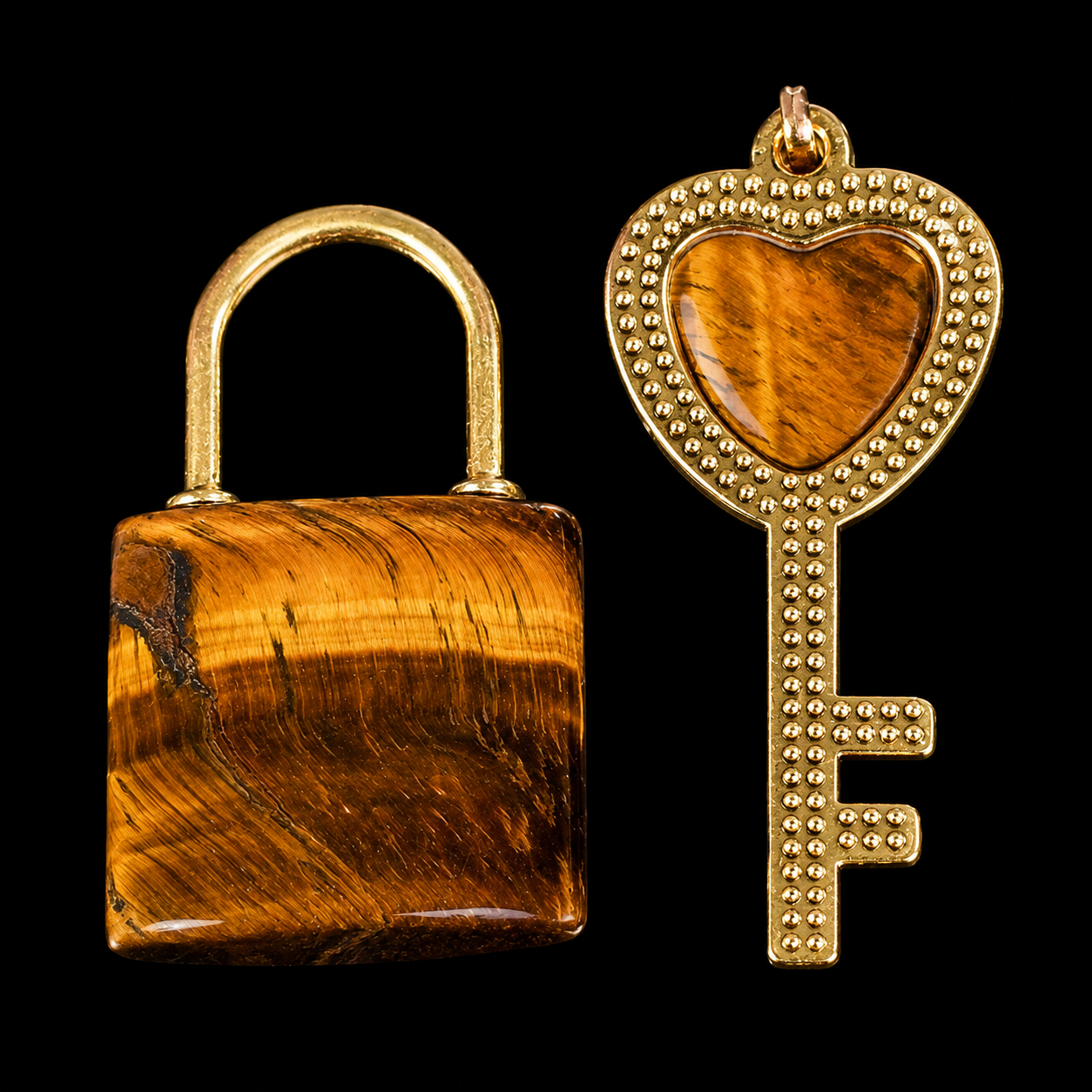 Natural Tiger Eye Lock & Key Pendent Set 