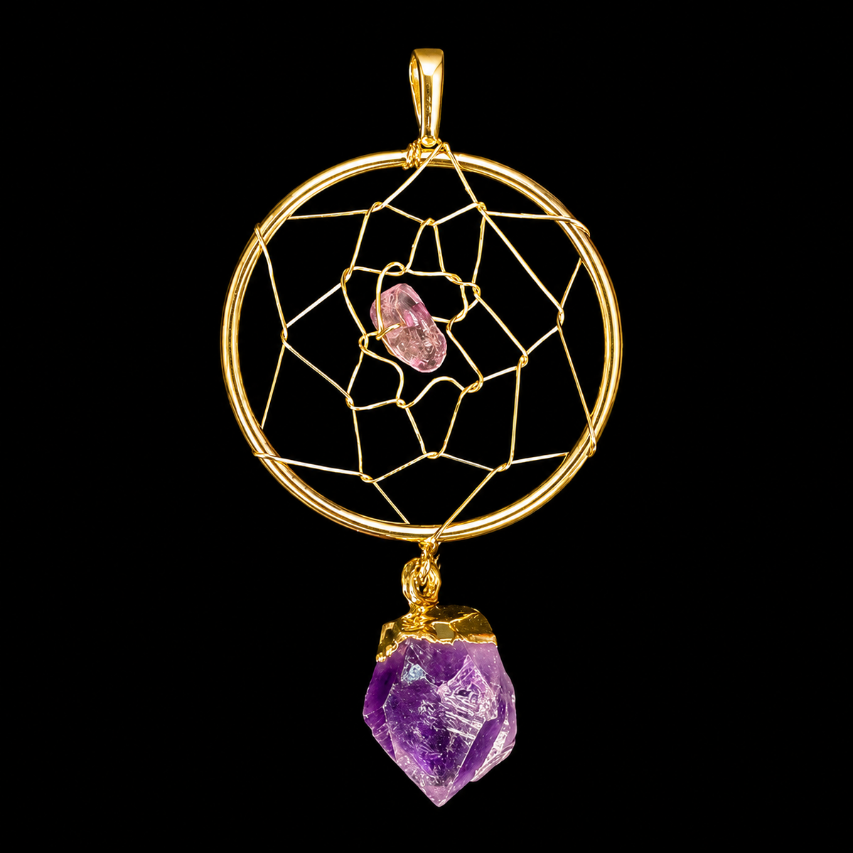 Natural Amethyst Dreamcatcher Pendent Gold-Tone Pendent