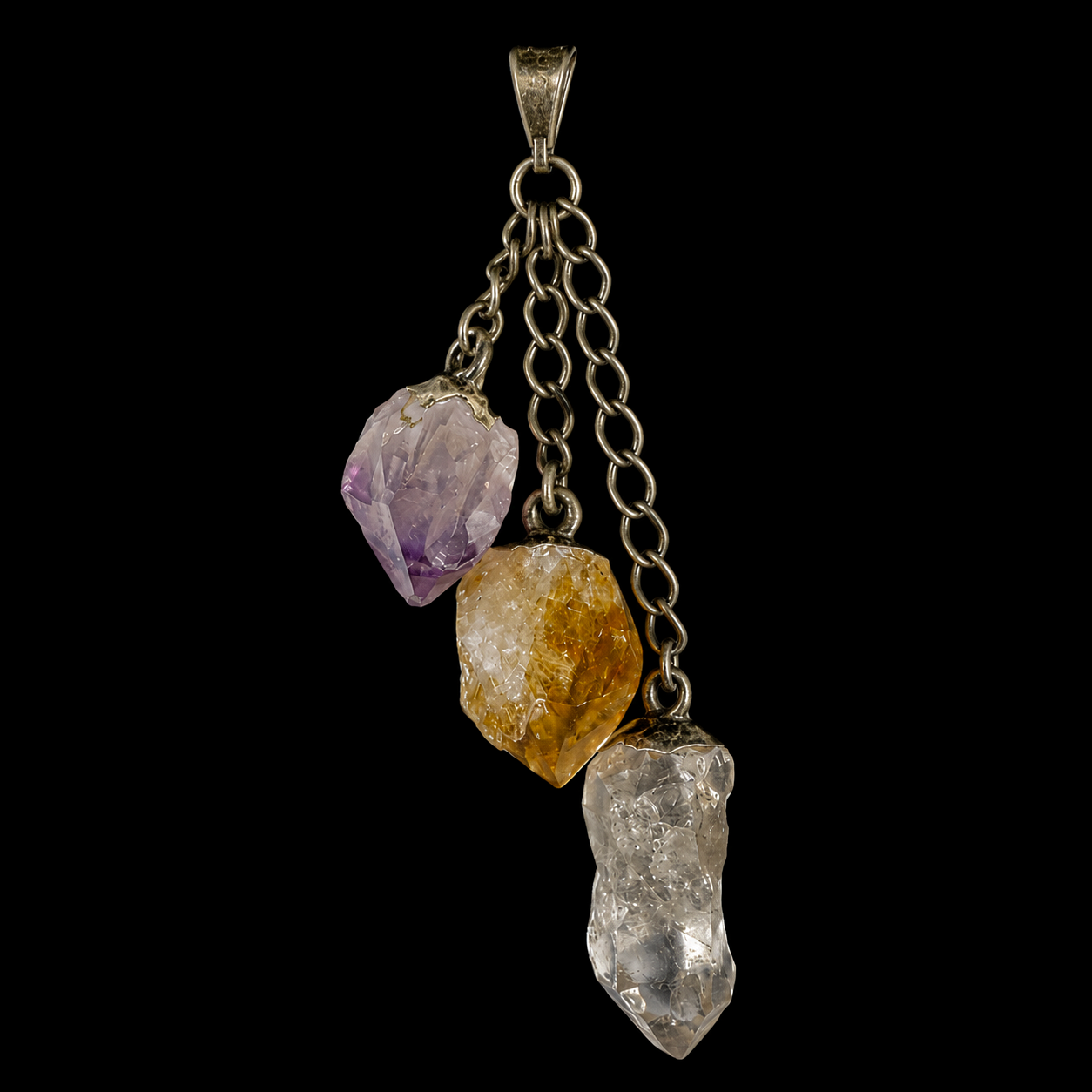 Amethyst With Quartz & Citrine Natural Crystal Pendant