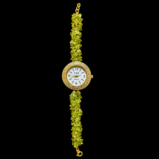 Natural Peridot Crystal Watch A Handcrafted Gemstone Timepiece.