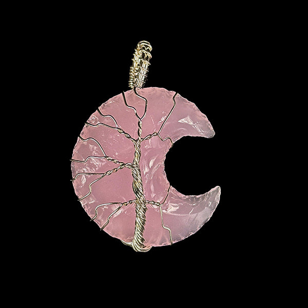 Rose Quartz Crescent Moon Tree of Life Pendant.