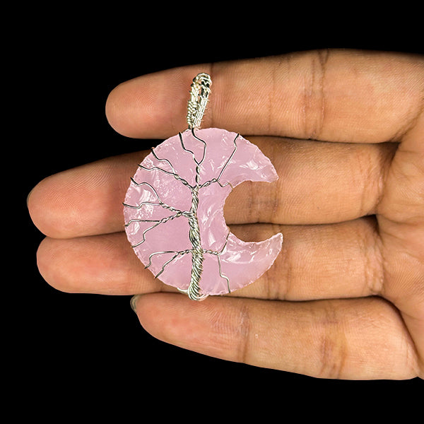 Rose Quartz Crescent Moon Tree of Life Pendant.